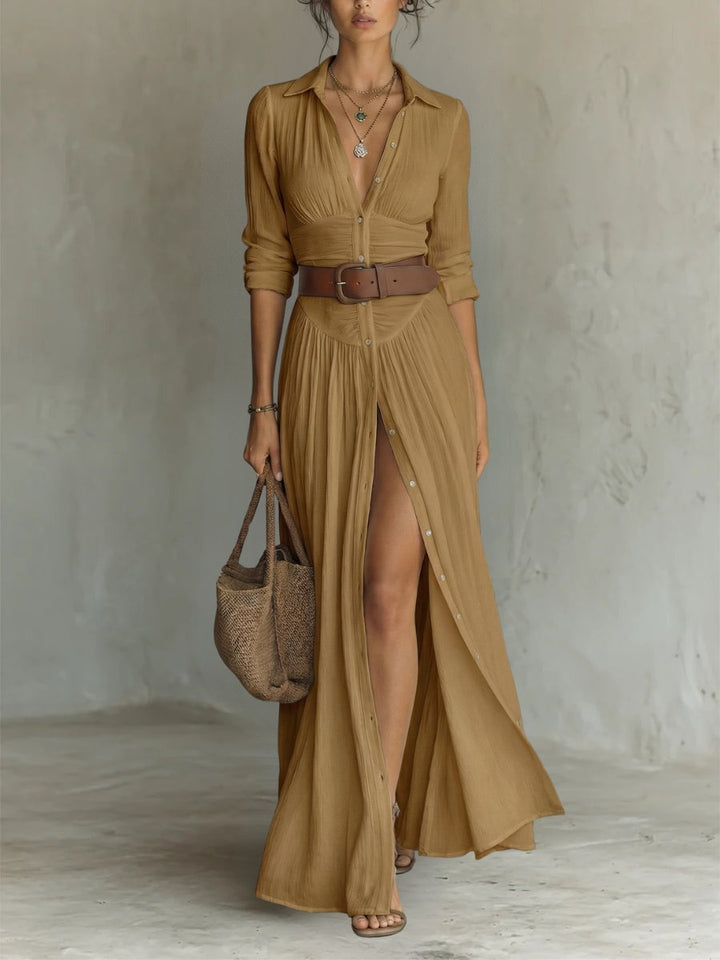 Stilvolles Damen Maxikleid im Boho Chic, mit Gürtel und Knopfleiste, ideal als sommerliches Hemdblusenkleid.
