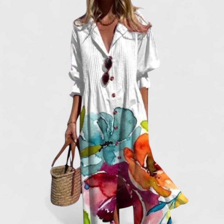 Farbenfrohes Damen Boho Kleid mit einzigartigem Muster. Perfektes Sommerkleid für stilvolle Freizeitlooks.