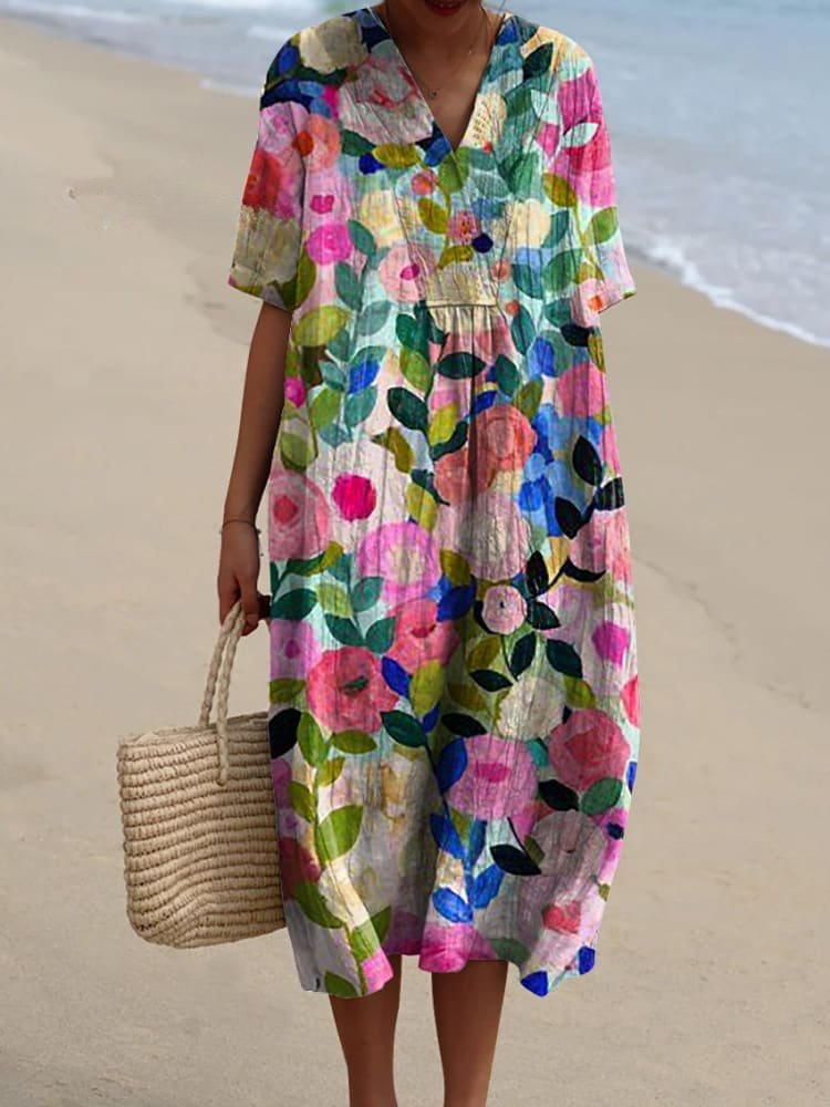 Elegantes Boho Sommer-Midikleid für Damen, V-Ausschnitt, kurze Ärmel. Perfekt für Strand & Freizeit.