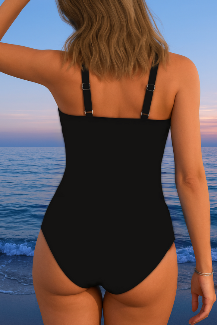 Vielseitiger Damen Einteiler mit trendigem Überkreuz-Design & buntem Druck. Bequeme Bademode für Strand & Pool.