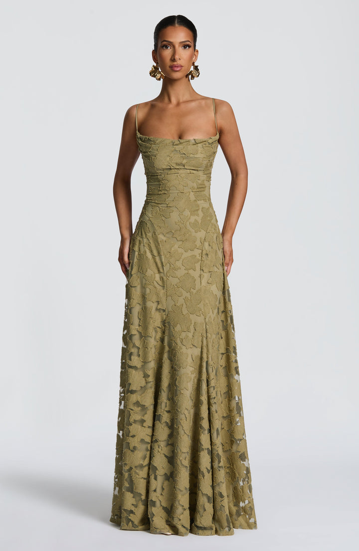 Elegantes Damen Abendkleid in Maxi-Länge, mit floraler Stickerei für festliche Anlässe.