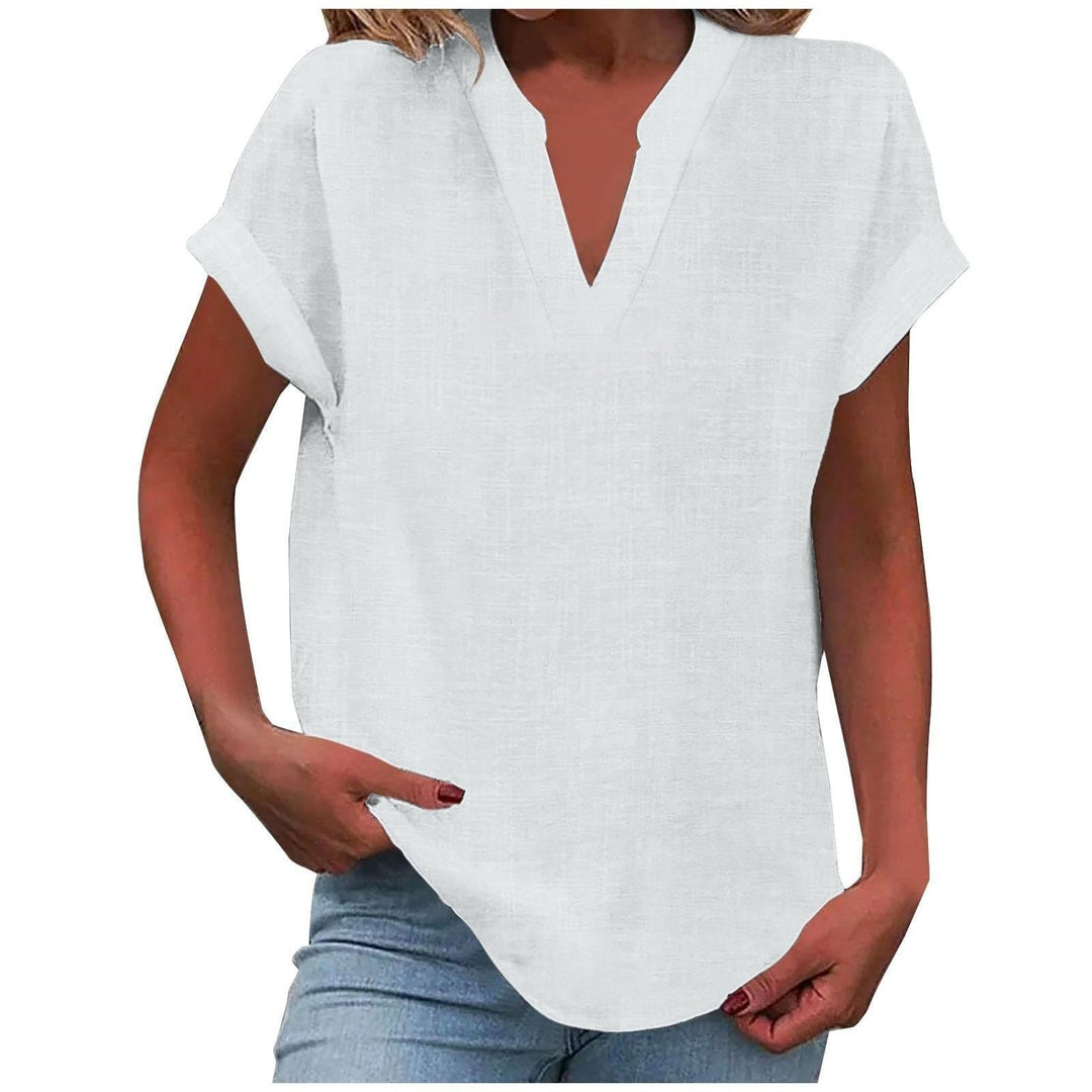 Seitenansicht der bequemen Damen V-Ausschnitt Bluse, ideal für einen komfortablen und stilvollen Tag.