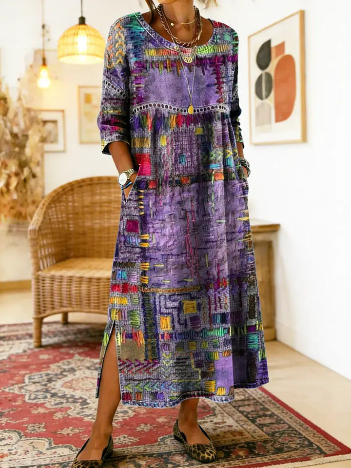Casual Langarm Ethno-Kleid für Frauen, Patchwork-Design, ideal für vielseitige Herbstmode.