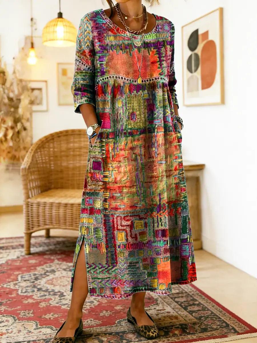 Herbstliches Damen Langarm Patchwork Kleid mit Ethno-Details, ideal für kühle Abende & Tage.