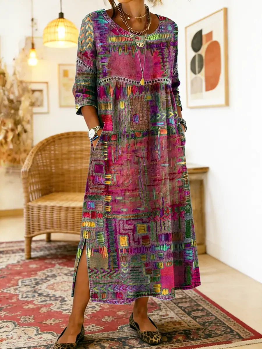 Abendliches Damen Ethno-Kleid im Patchwork-Design, mit Langarm, für Herbst- & Winteranlässe.