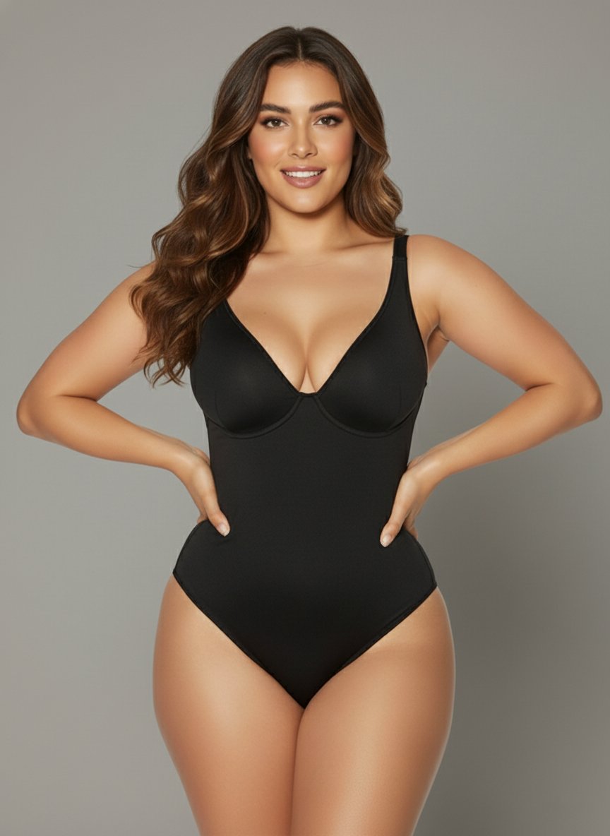 Schwarzer Damen Shaping Bodysuit, nahtlos, V-Ausschnitt, Push-up, ideal für eine elegante Figur.