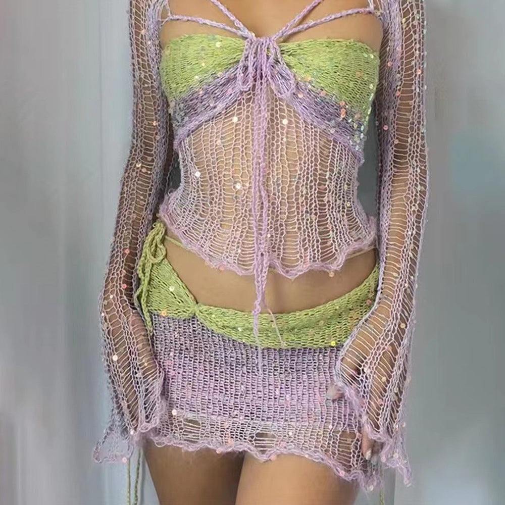 Vielseitiger Damen Party Zweiteiler: Netzoptik Crop Top & Minirock für den extravaganten Auftritt.