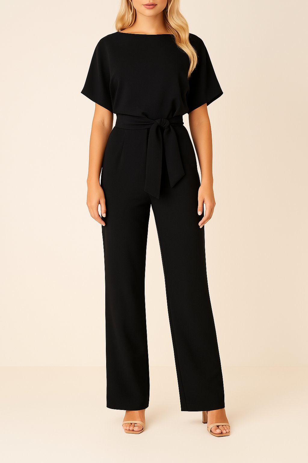 Eleganter Damen Jumpsuit mit Bindegürtel & weitem Bein. Perfekt für Büro, Freizeit & festliche Anlässe.