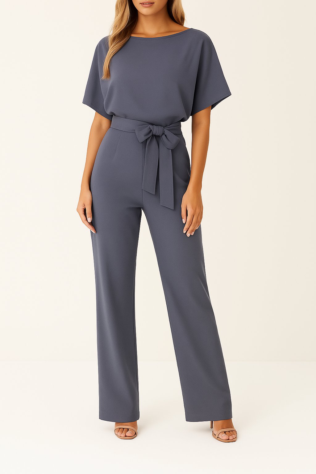 Sommerlicher Damen Jumpsuit mit weitem Bein und Bindegürtel für einen luftigen, bequemen Freizeit-Look.