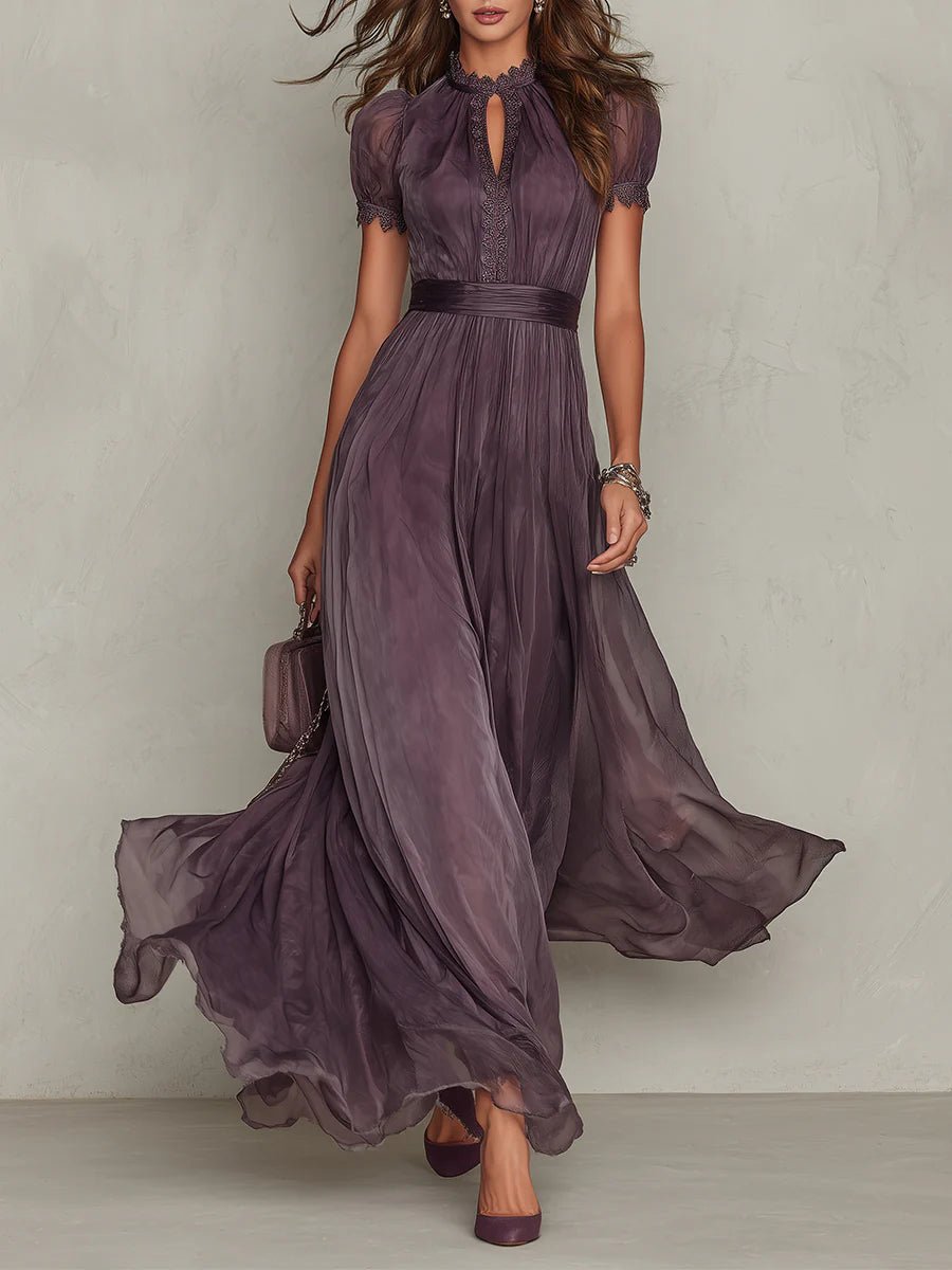 Lila Damen Kurzarm Maxi-Kleid aus Chiffon mit Puffärmeln, elegant für Hochzeiten & festliche Anlässe.