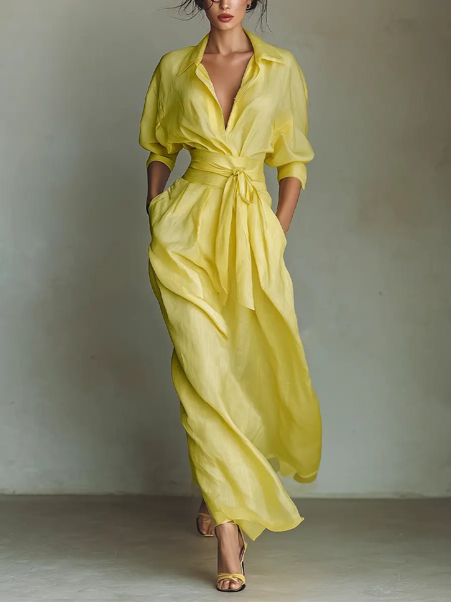 Elegantes Damen Maxi Hemdkleid mit V-Ausschnitt und Taillengürtel, perfekt für Büro & Abend.