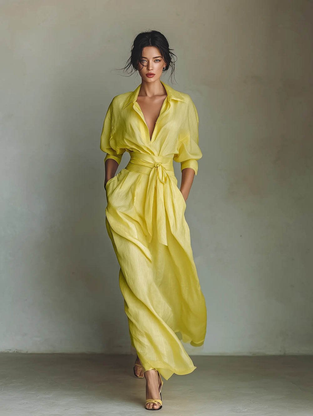 Maxikleid für Damen: V-Ausschnitt betont Eleganz, Taillengürtel formt Silhouette. Ideal für Sommer.