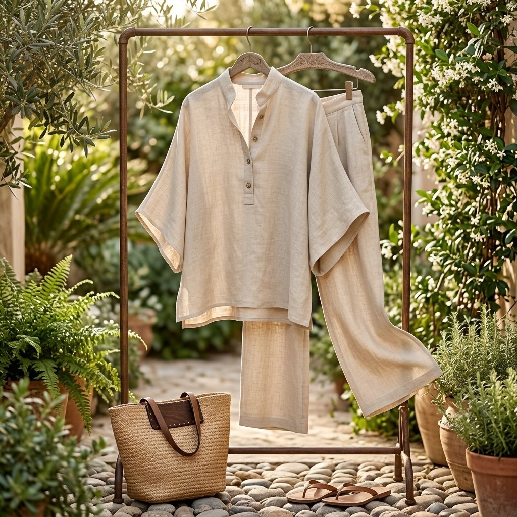 Zweiteiliges Damen Freizeitkleidungs-Set: Kimono-Bluse mit Ärmeln & weite Sommerhose.