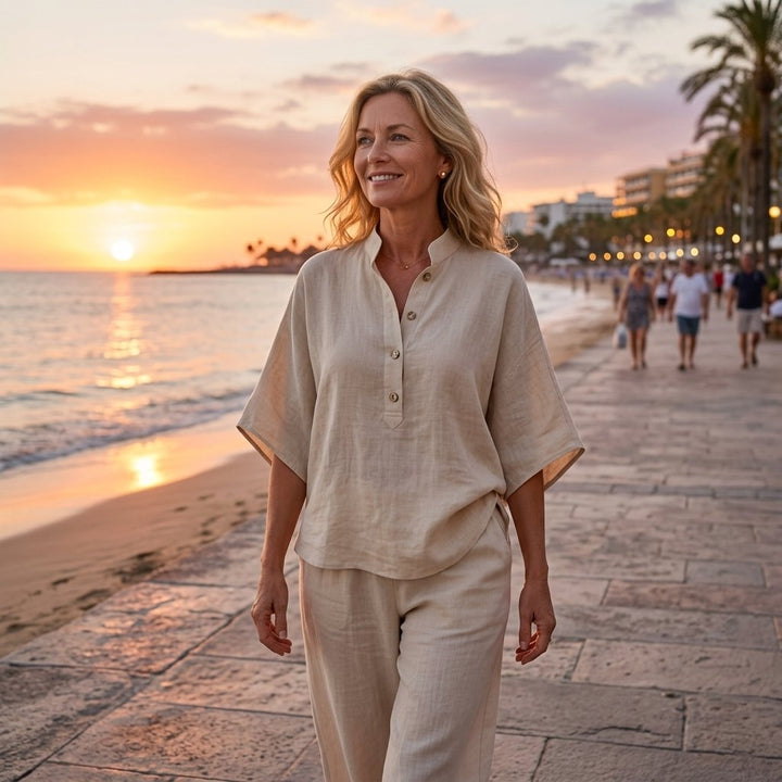 Lässiger Eleganz für Damen: Kimono-Ärmel Bluse und weite Hose als zweiteiliges Sommer-Outfit.