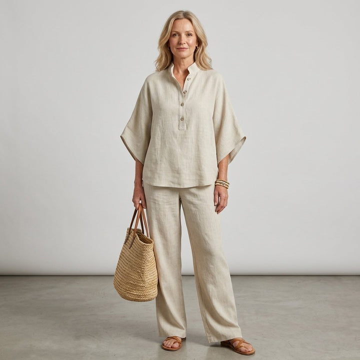 Damenmode: Kimono-Bluse mit Mandarin-Kragen & weite Hose. Perfekt als Sommer-Zweiteiler.