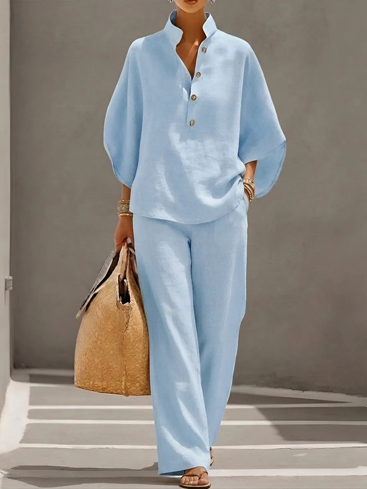 Modisches Damen Set: Kimono-Bluse mit Mandarin-Kragen & weite Hose. Ideal für Resort-Mode.