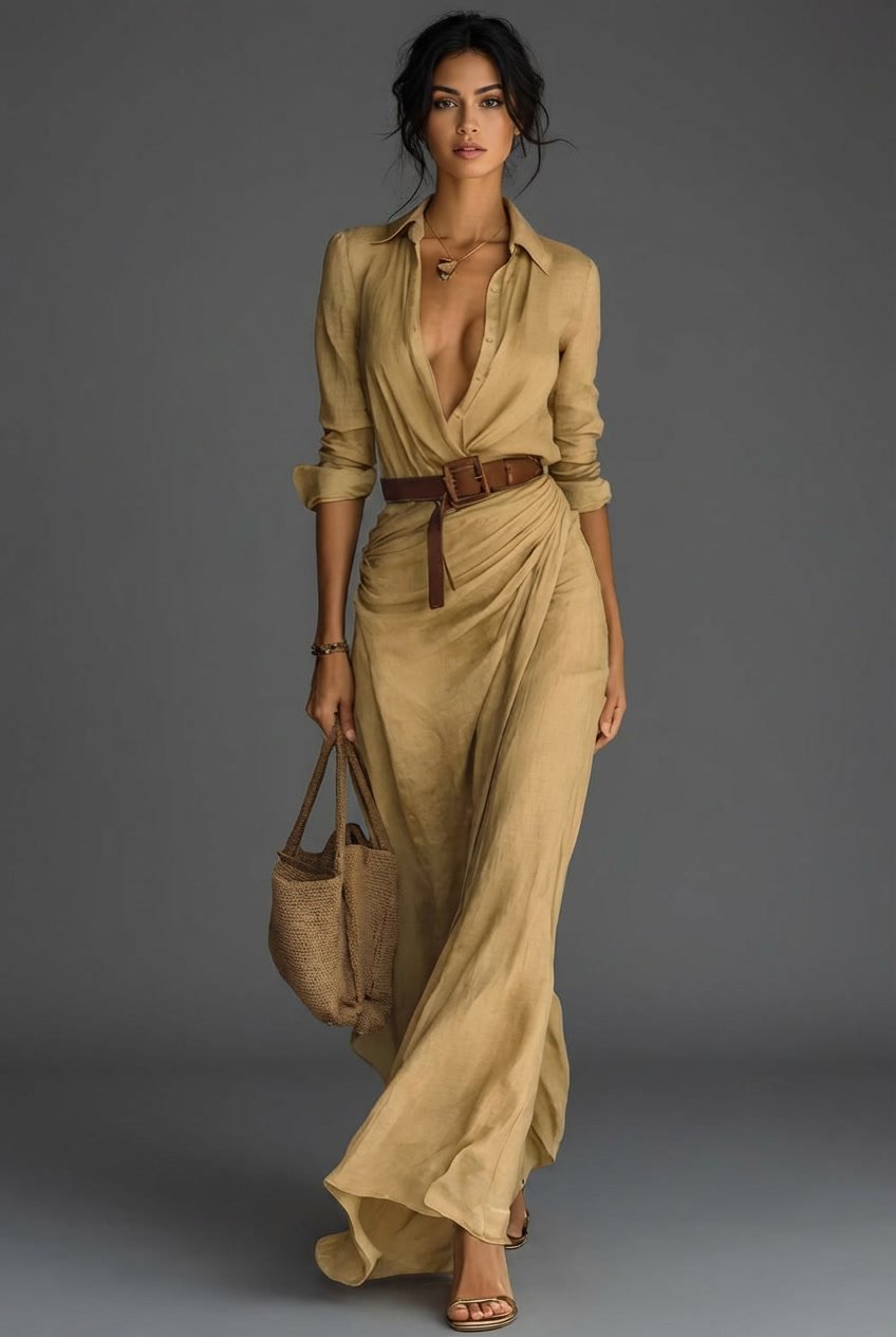Damen Wickel Maxikleid Langarm, bodenlang. Elegant für Sommer & Freizeit. Vielseitiges, fließendes Design.
