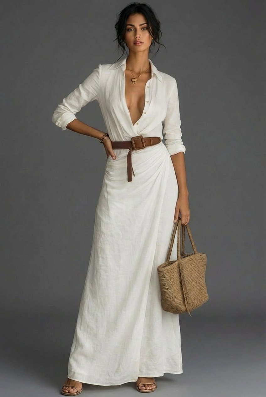 Bodenlanges Damen Wickelkleid mit langen Ärmeln und Gürtel, perfekt als Sommer- oder festliches Kleid. Feminin.