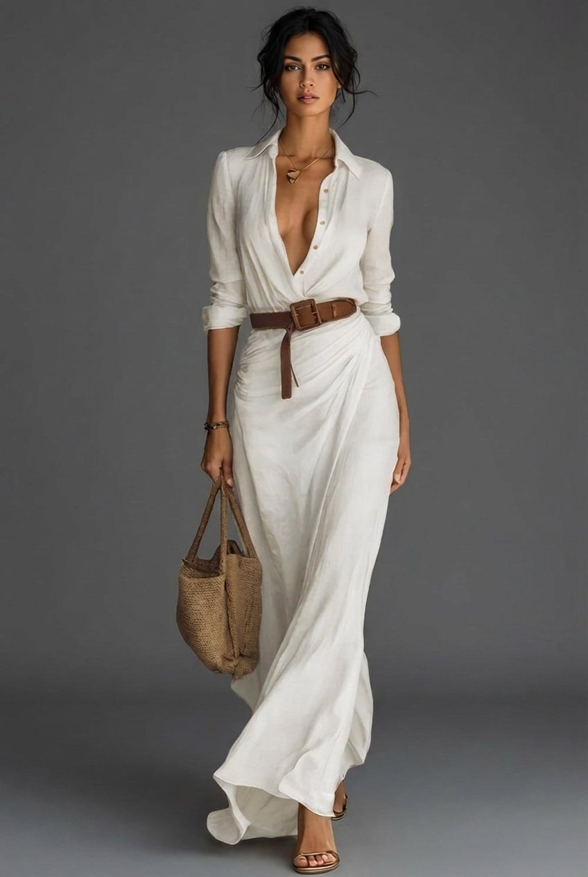 Vielseitiges Damen Wickel Maxikleid mit Taillengürtel, Langarm, für elegante Sommer-Outfits oder besondere Events.