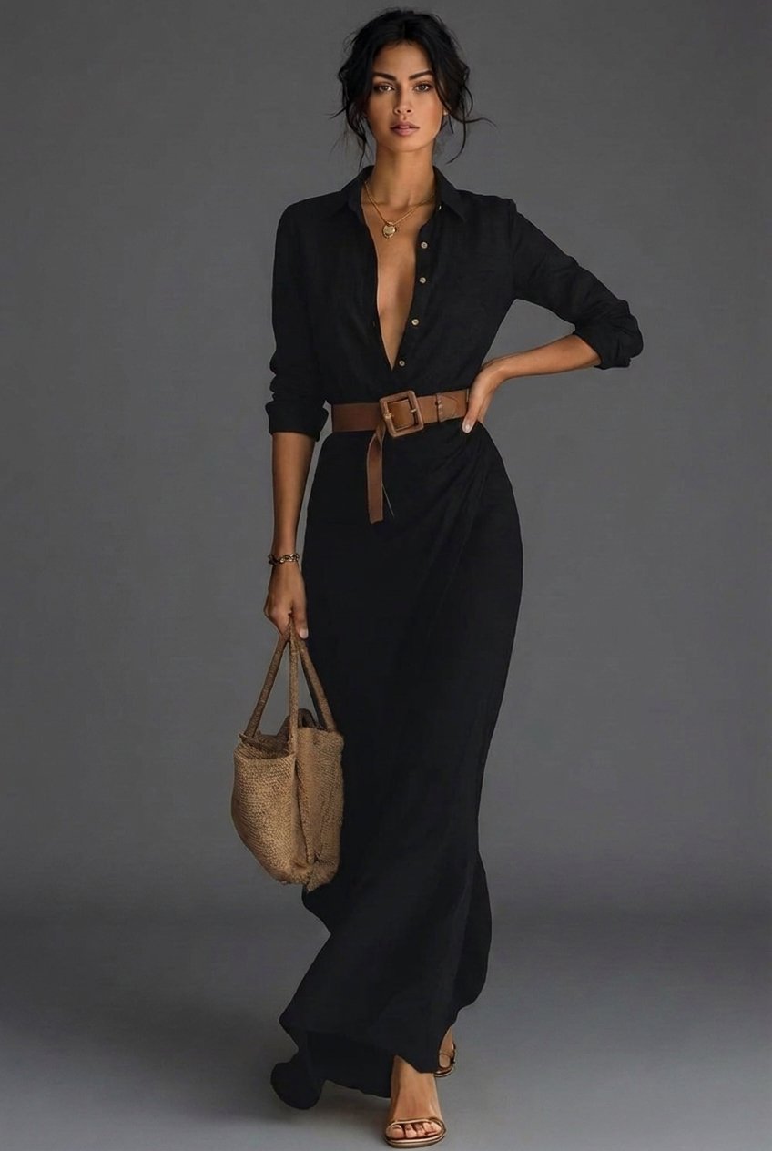 Bequemes & stilvolles Damen Wickel Langarm Maxikleid, bodenlang. Ideal als Freizeitkleid oder Abendkleid.