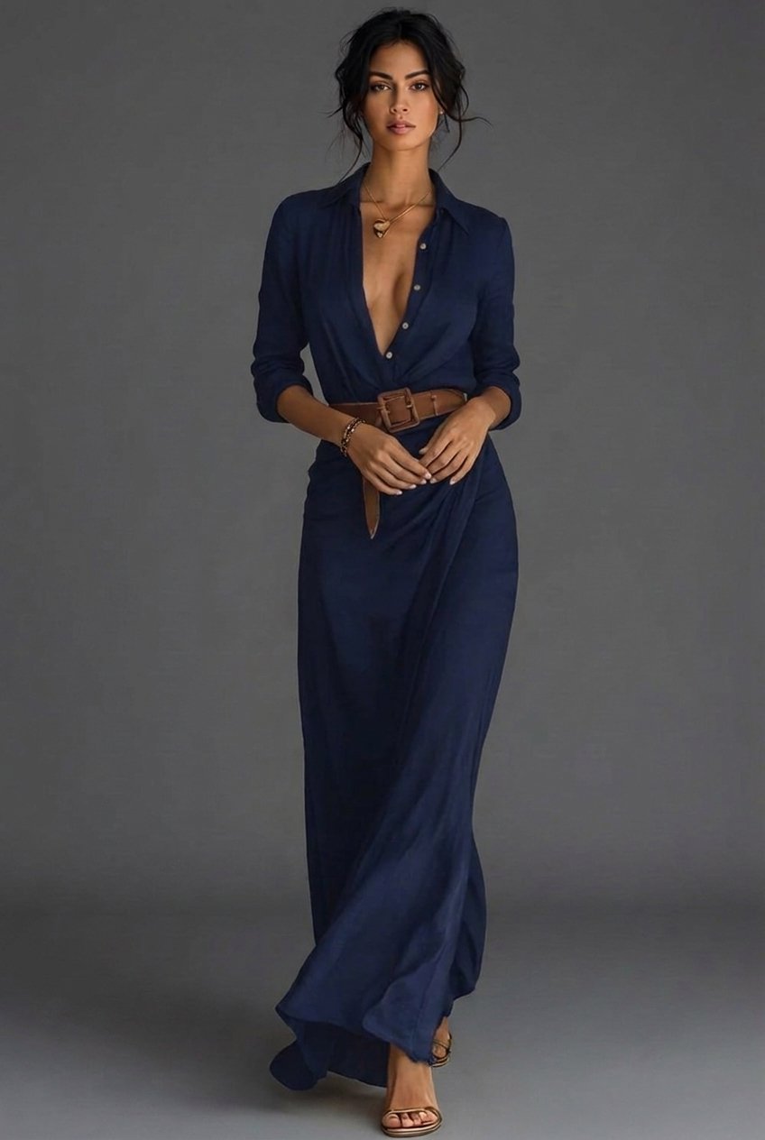 Damen Wickel Langarm Maxikleid mit Gürtel, bodenlang. Elegant, fließend & vielseitig für jede Gelegenheit.