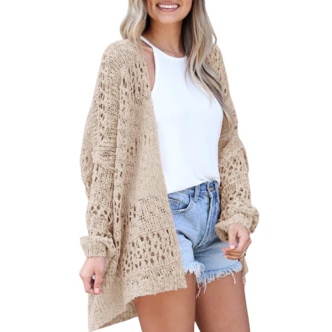 Bequeme luftige Damen Boho Strickjacke, Herbst-Cardigan. Offener Strick, perfekt für kühle Übergangstage. Lockerer Schnitt.