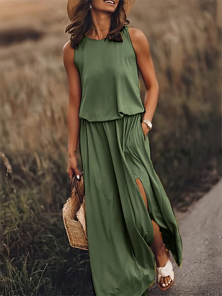 Herbstliches Damen Maxikleid im Boho-Stil, perfekt für Spaziergänge und entspannte Anlässe. Fließendes Design.