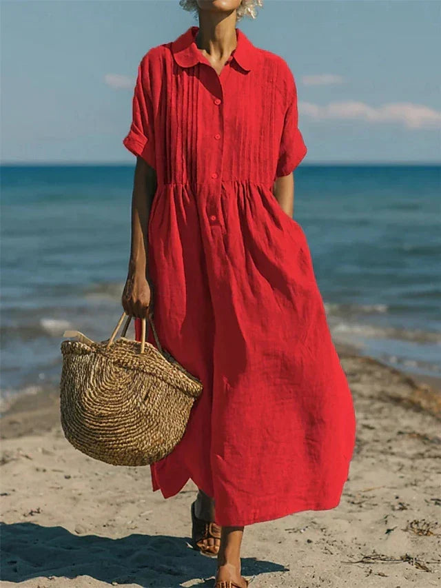 Leichtes Damen Sommerkleid mit Knopfleiste und Pintuck-Details, perfekt für Strand & Stadt.