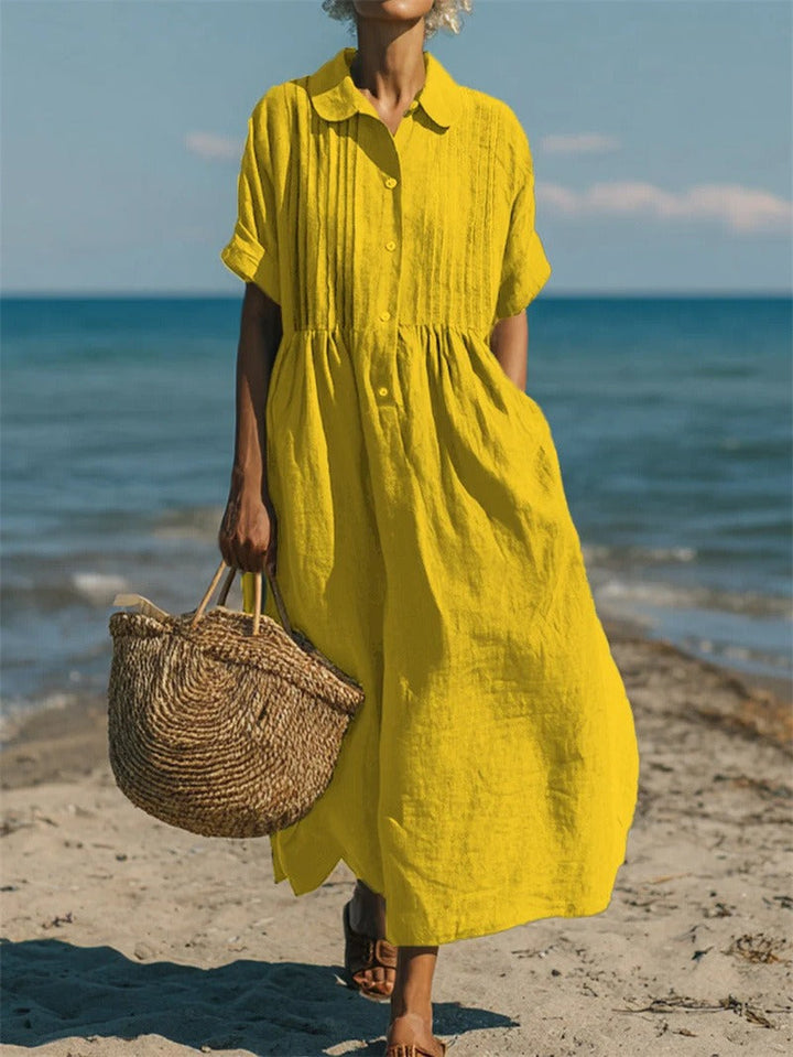 Stilvolles Damen Freizeitkleid, lang und fließend, mit raffinierten Pintuck-Details.
