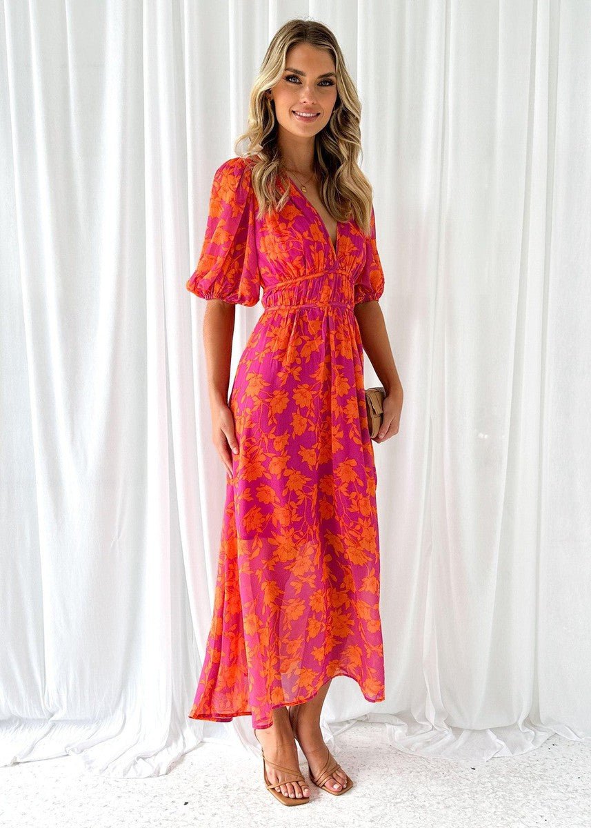 Festliches Damen Midi Kleid mit Blumendruck, Puffärmeln und V-Ausschnitt – perfekt für Frühling & Sommer.