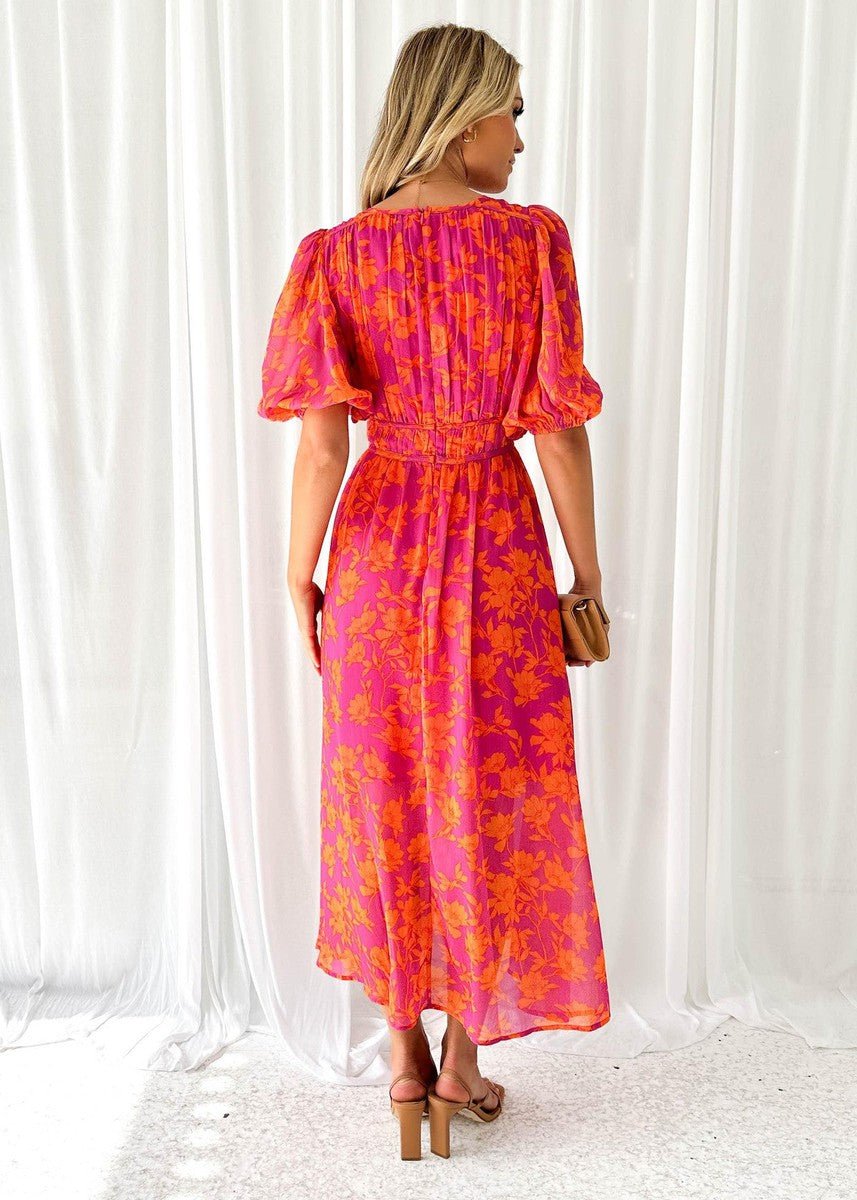 Frühlingshaftes Damen Midi Kleid mit zartem Blumendruck, modernen Puffärmeln und schmeichelndem V-Ausschnitt.