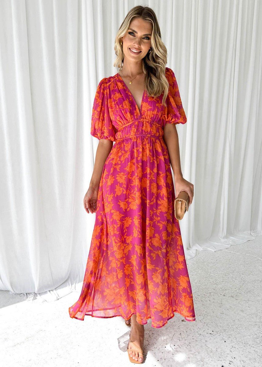 Trendiges Damen Freizeitkleid Midi mit Blumendruck, eleganten Puffärmeln und V-Ausschnitt für jeden Anlass.