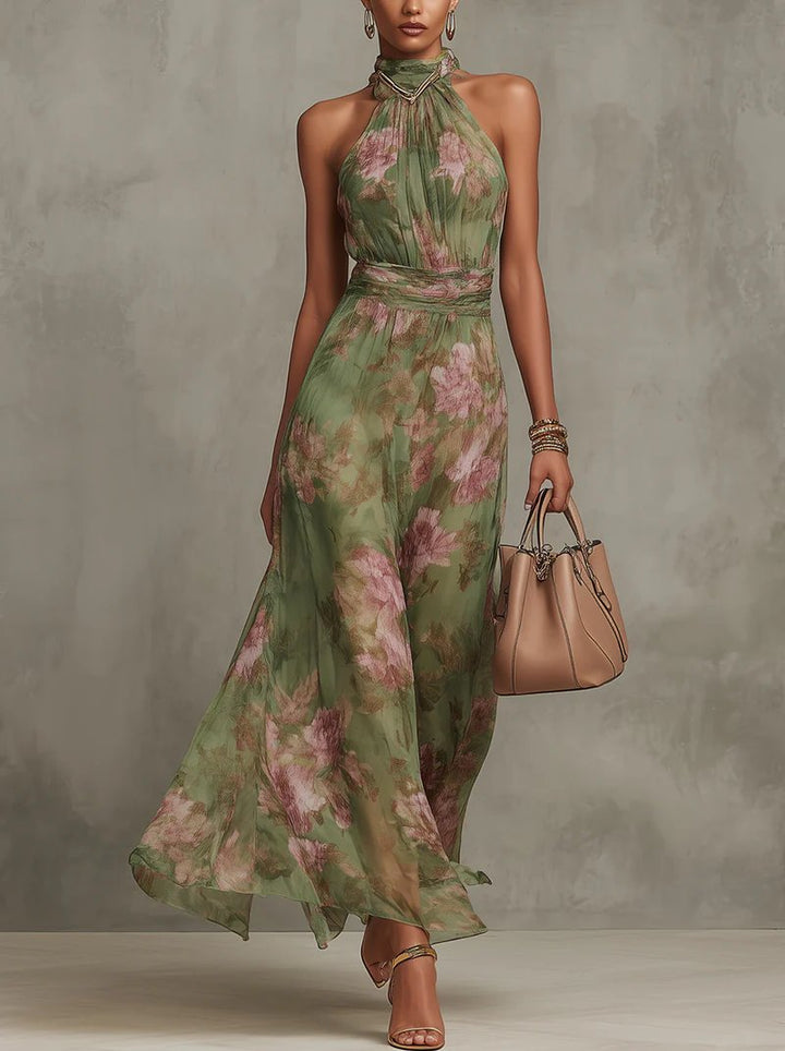 Elegantes Damen Neckholder Maxikleid mit fließendem Blumenmuster, ideal für Sommerabend oder Urlaub.