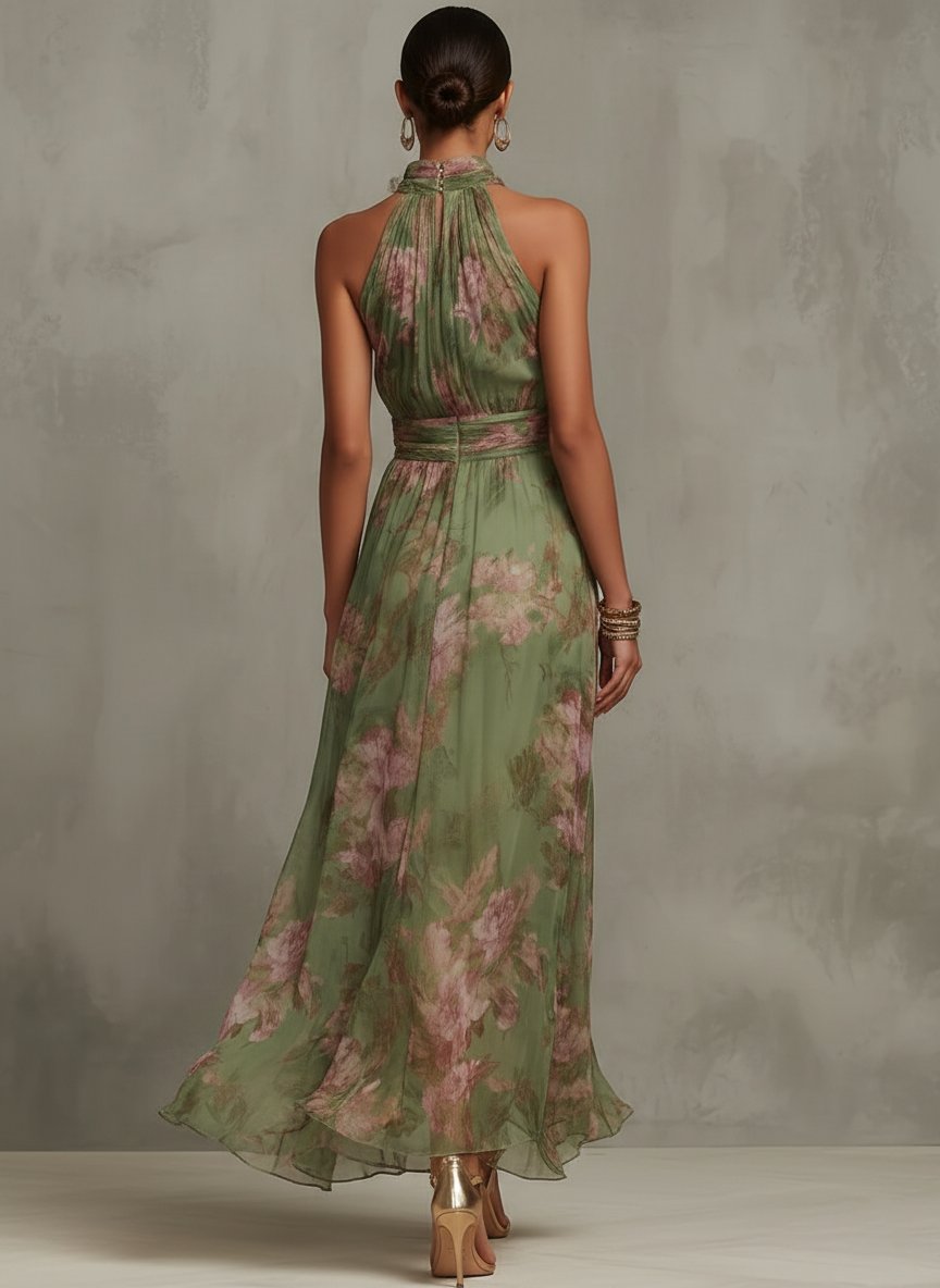 Fließendes Neckholder Maxikleid für Damen in Grün/Rosa mit sommerlichem Blumenmuster, perfekt für Party & Strand.