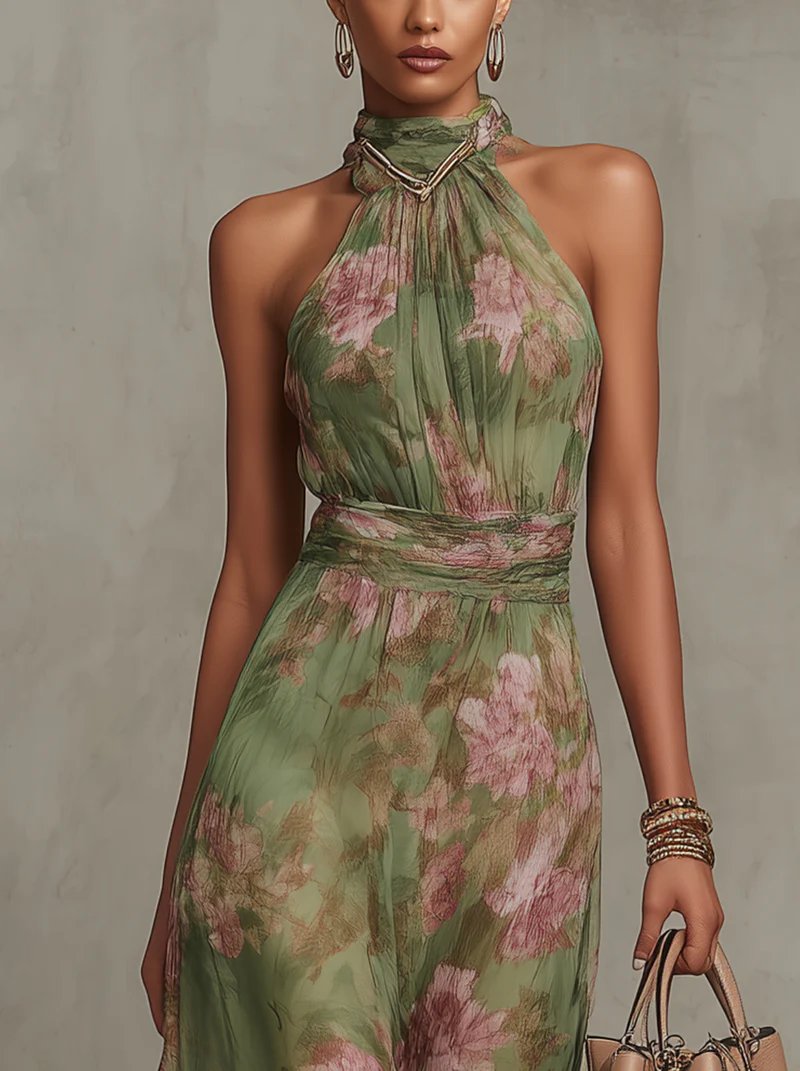 Grünes Damen Neckholder Maxikleid mit floralem Print, ärmellos, geeignet für festliche Anlässe und Sommerfeste.