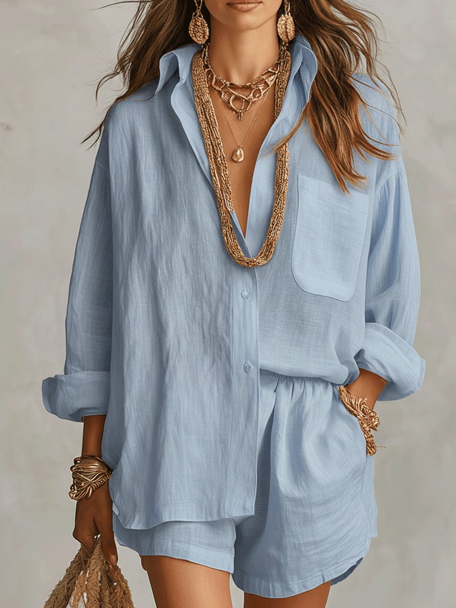 Beiges Damen Bohemian Oversize Hemdbluse & Shorts Set. Bequemer Sommer-Zweiteiler für Strand & Urlaub.