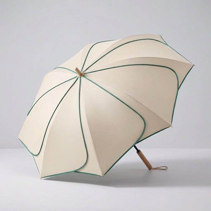 Wetterfester Damen Regenschirm mit wunderschönem Blumenmotiv, UV-Schutz und komfortablem Holzgriff.
