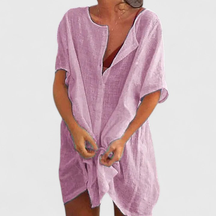 Einfarbiges Midikleid für Damen, Relaxed Fit, Tunika-Stil, mit V-Ausschnitt, elegant und bequem.