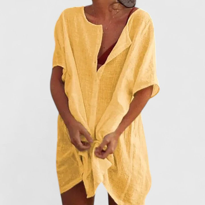 Einfaches, lockeres Damen Freizeitkleid, knielang, mit V-Ausschnitt, vielseitig kombinierbar.