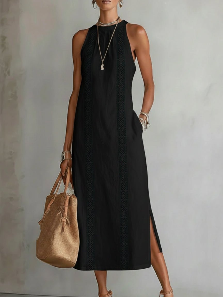 Modernes Damen Midikleid ärmellos mit floraler Stickerei, Rundhals und bequemem Schnitt; für jeden Tag.