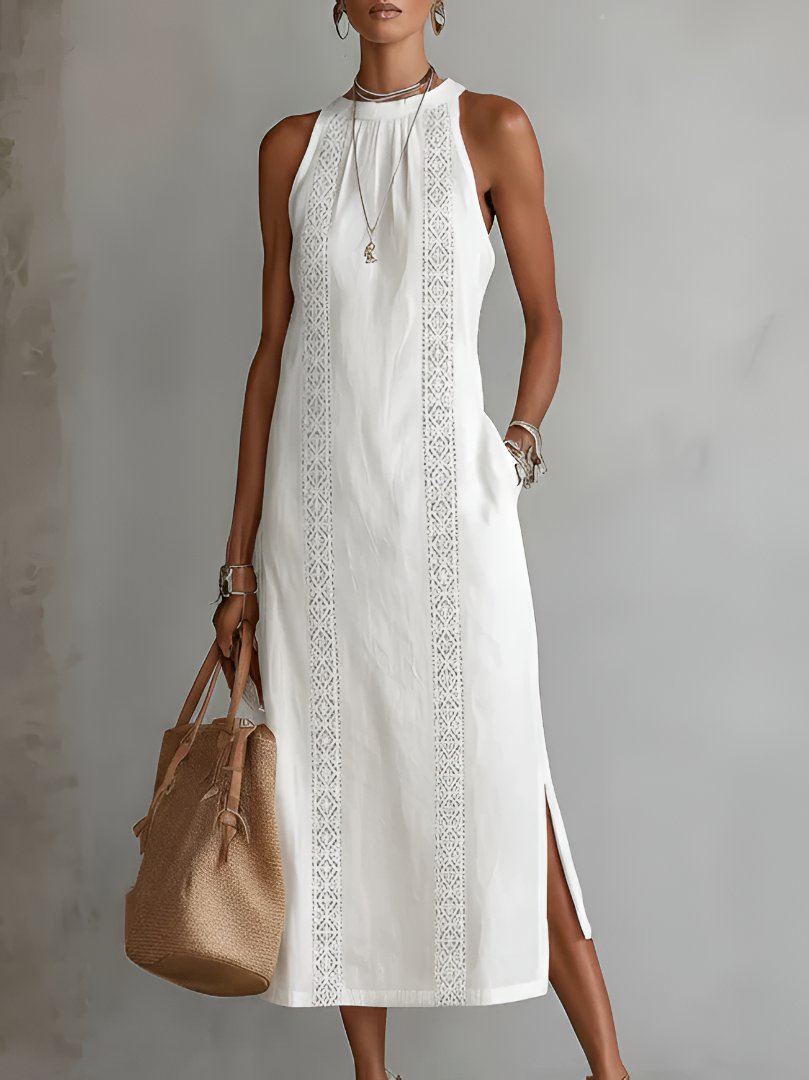 Detailansicht Damen Ärmelloses Midi-Kleid mit feiner Stickerei am Rundhals; elegant und vielseitig.