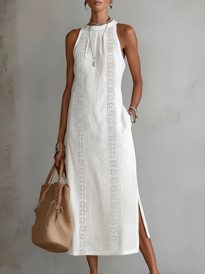 Detailansicht Damen Ärmelloses Midi-Kleid mit feiner Stickerei am Rundhals; elegant und vielseitig.