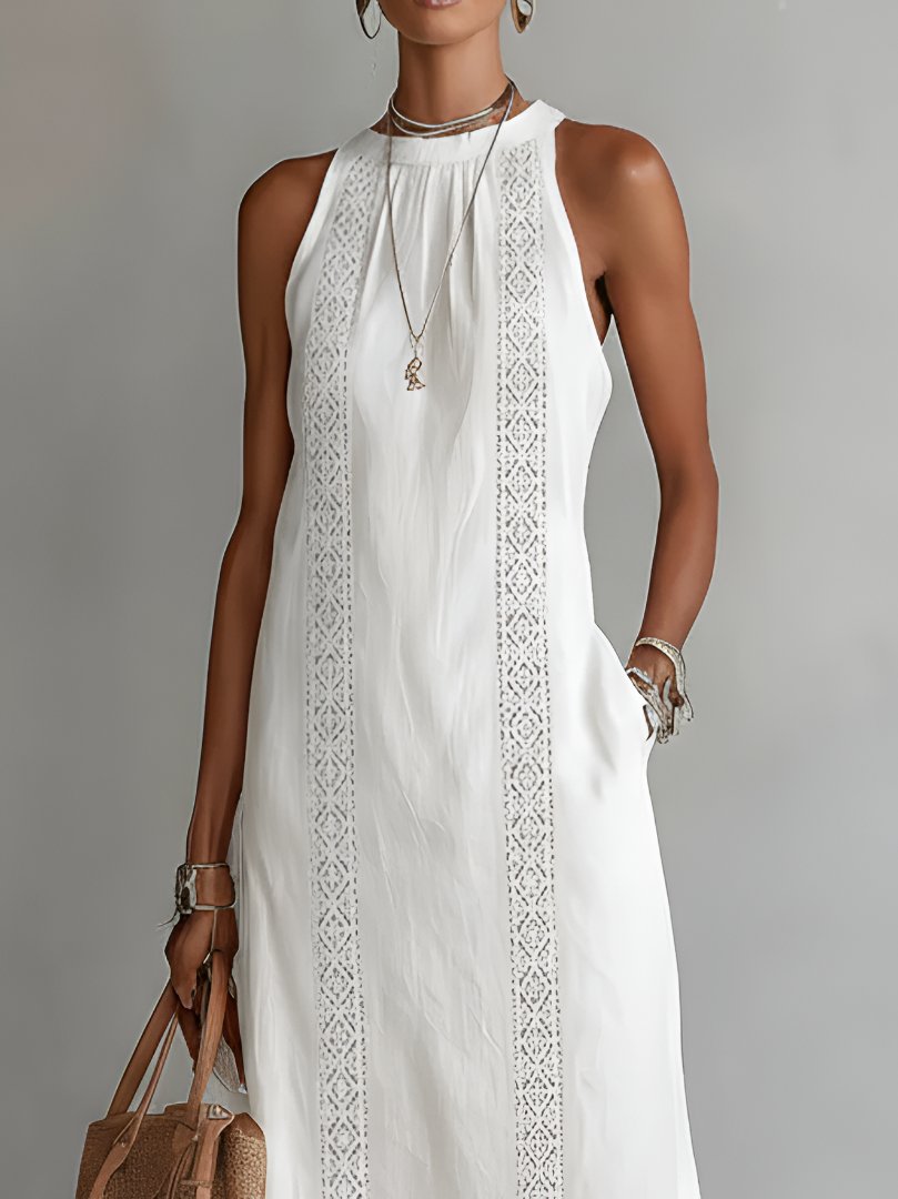 Ärmelloses Damen Midi-Kleid mit eleganter Stickerei, Rundhals und seitlichem Schlitz; modern und schick.