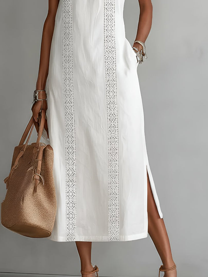 Luftiges Damen Sommer Midi-Kleid ärmellos mit zarter Stickerei; elegant für warme Tage und stilvolle Auftritte.