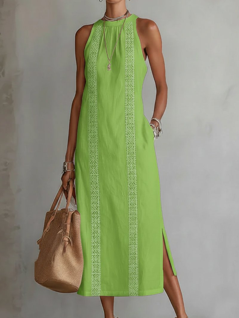 Ganzansicht des eleganten Damen Midi-Kleides ärmellos mit Stickerei; zeigt Design, bequeme Passform und Stil.