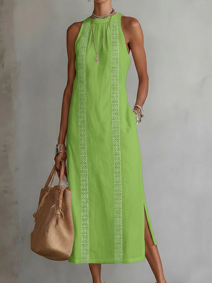 Ganzansicht des eleganten Damen Midi-Kleides ärmellos mit Stickerei; zeigt Design, bequeme Passform und Stil.