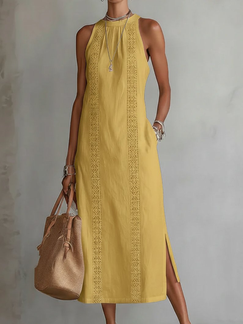 Stofftextur des Damen Midi-Kleides ärmellos, hervorgehoben durch detailreiche Stickerei; elegant und komfortabel.