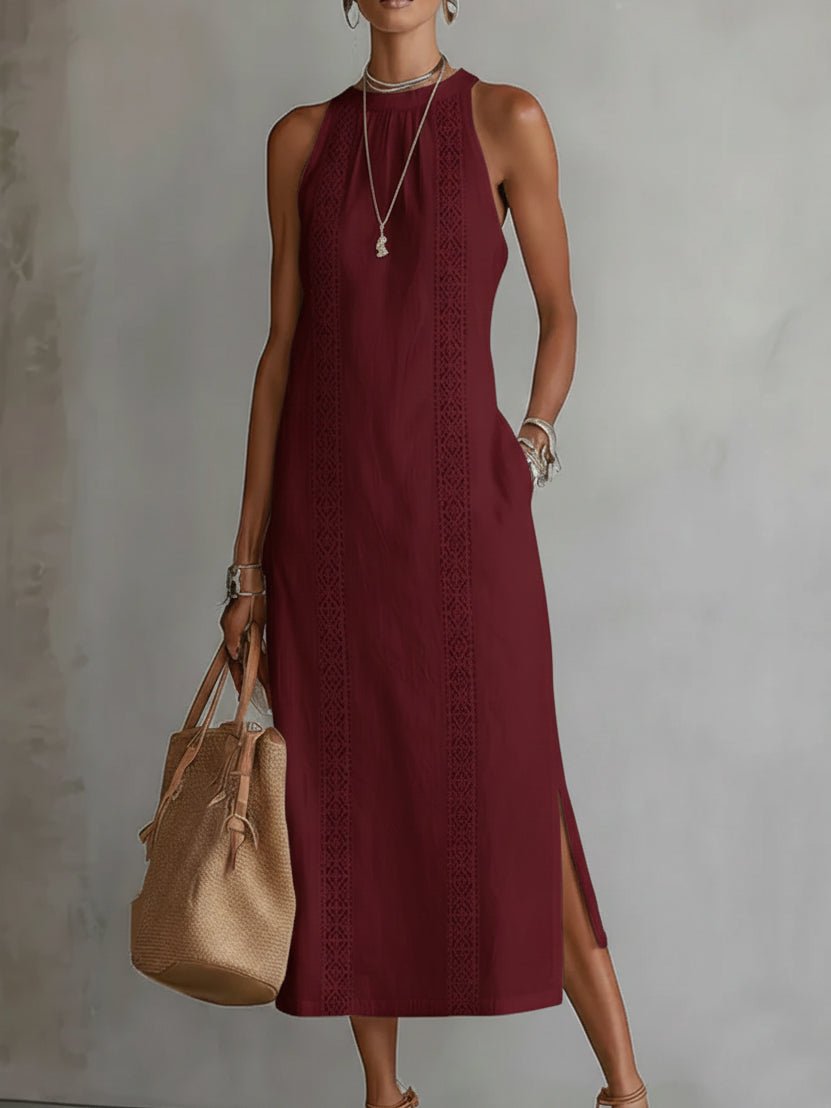Damen Midi-Kleid ärmellos mit Stickerei; Rundhals und seitlicher Schlitz für eine feminine Silhouette.