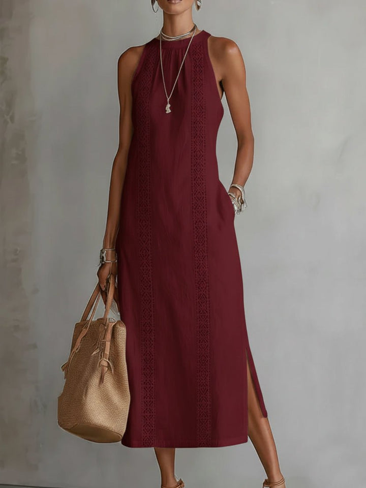 Damen Midi-Kleid ärmellos mit Stickerei; Rundhals und seitlicher Schlitz für eine feminine Silhouette.