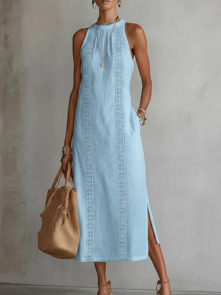 Elegantes Damen Midi-Kleid ärmellos mit Stickerei; vielseitig für festliche Anlässe, Büro oder Freizeit.